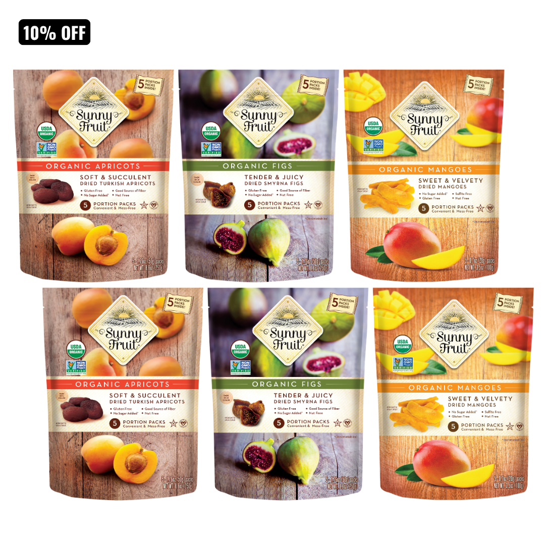 Six Sunny Fruit organic dried fruit pouches arranged in two rows on a white background, with a black '10% OFF' banner in the top-left corner. The pouches feature wood-grain backgrounds and fruit illustrations including apricots, figs, and mangoes.
